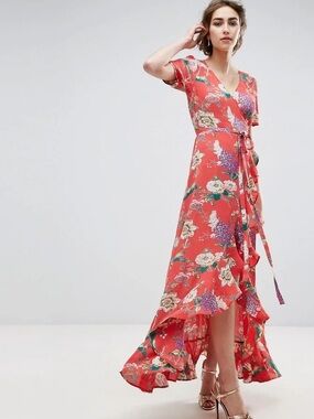ASOS Coral Floral High-Low Wrap Maxi Dress